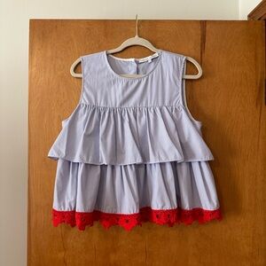 English Factory Blue and Red Tiered Ruffle Blouse